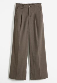 Pantaloni a gamba larga a quadri marroni con pieghe, chiusura con bottone e spacchi all'orlo. Tessuto leggero con una texture liscia.
