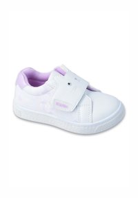 Białe sneakersy z tkaniny z fioletowymi akcentami, zapięciem na rzep i motywem twarzy królika. Teksturowana podeszwa dla lepszej przyczepności i wzorzysty design po bokach.