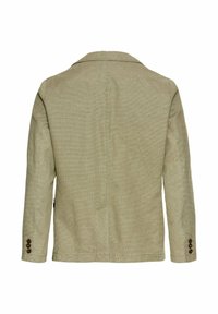 Olijfgroene, gestructureerde jas met een geknipt kraag en lange mouwen. Beschikt over knoopsluitingen bij de mouwen en verticale naden op de rug.