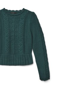 Maglione lavorato a maglia color turchese con scollatura rotonda, motivo floreale testurizzato sulla parte anteriore e polsini e orlo a coste. Maniche lunghe con dettagli decorativi.