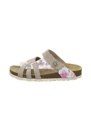 Open-toe sandal with beige suede straps, floral patterned side strap, cork footbed, and decorative metal flower button.