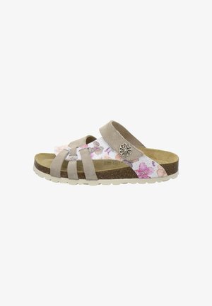 Open-toe sandal with beige suede straps, floral patterned side strap, cork footbed, and decorative metal flower button.