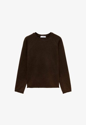 Dunkelbrauner Langarm-Sweatshirt mit rundem Halsausschnitt, Raglanärmeln und einem strukturierten Strickstoff. Klassische Passform mit geradem Saum.