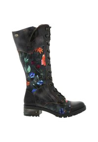Bottes noires jusqu'aux genoux avec des motifs floraux en bleu, orange et vert. Confectionnées en cuir texturé avec un laçage à l'avant et un talon bloc.