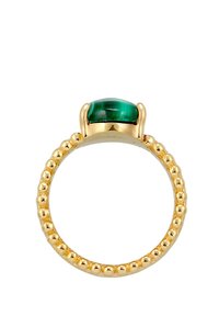 Bague en or ornée d'une pierre de malachite verte arrondie, montée dans un chaton lisse, avec une texture de bande perlée.