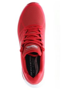 Red athletic shoe with a breathable mesh upper, patterned laces, and cushioned sole. Features "SKECHERS Air-Cooled ArchFit" branding inside.