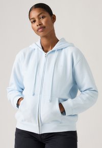 Ανοιχτό μπλε φούτερ με φερμουάρ, φτιαγμένο από απαλό ύφασμα, με κουκούλα, κορδόνια και μπροστινές τσέπες. Απλός σχεδιασμός με διακριτική σήμανση.