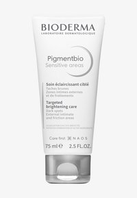 Tubo bianco con finitura lucida, etichettato "Pigmentbio Sensitive areas", 75 ml. Presenta testo grigio e tappo argentato. Prodotto dermatologico.