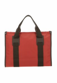 Borsa tote rettangolare rossa realizzata in materiale resistente, dotata di manici marroni scuri e angoli rinforzati per una maggiore robustezza.