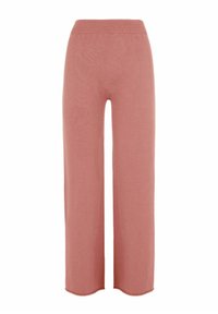 Spodnie dzianinowe o szerokich nogawkach w delikatnym odcieniu pudrowego różu, z prążkowanym paskiem w talii i gładką teksturą. Brak widocznych wzorów lub akcentów.