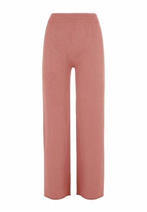 Brede gebreide broek in een zachte stofroze kleur, met een geribde tailleband en een gladde textuur. Geen zichtbare patronen of accenten.