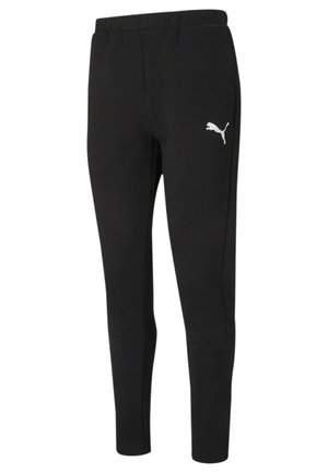 Black athletic pants with a slim fit, elastic waistband, and Puma logo in white on the left thigh. Smooth fabric and tapered cuff design.