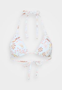 Bloemen driehoek bikini top met een lichtblauwe achtergrond, geknoopte hals- en rugbandjes, met verschillende bloemen in roze, bruin en wit.
