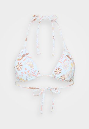 Květinový trojúhelníkový bikinový vršek s světle modrým pozadím, zavázanými ramínky za krkem a na zádech, zdobený různými květinami v odstínech růžové, hnědé a bílé.