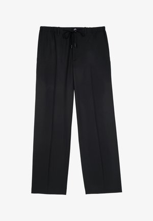 Pantaloni neri a gamba larga realizzati in un tessuto morbido, con vita regolabile tramite cordino e due tasche laterali per funzionalità.