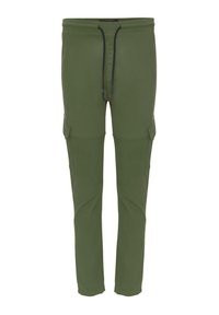 Olijfgroene joggers van zachte stof, met een elastische tailleband met trekkoord, zijzakken en taps toelopende pijpen.