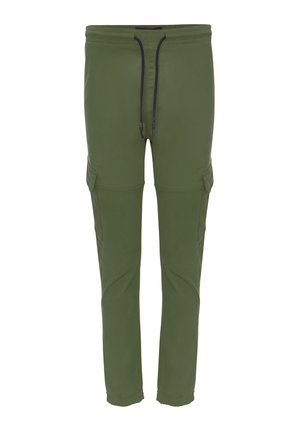 Jasnozielone dresy wykonane z miękkiego materiału, z elastycznym paskiem w talii i sznurkiem, kieszeniami po bokach oraz zwężającymi się nogawkami.
