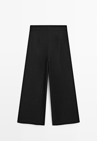 Pantaloni neri a gamba larga con vita alta e senza tasche o decorazioni visibili, mostrati su sfondo bianco.