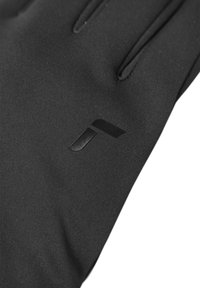 Schwarze Handschuhe aus einem strukturierten Stoff, mit einem dezenten Logo in Dunkelgrau im Handgelenkbereich und gestickten Details entlang der Finger.