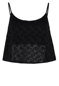 Sort blonde cami-top med blomstermønster, spaghetti-stropper og en løstsiddende pasform. Har et lagdelt, gennemsigtigt design ved midtsektionen.