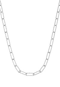 Silver metal chain necklace featuring elongated, interlinked rectangular links with a textured finish and circular accents.