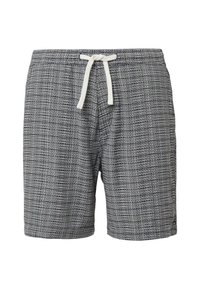 Grijze gestructureerde zwemshorts met een textuur, een elastische tailleband en een witte trekkoord voor aanpassing.