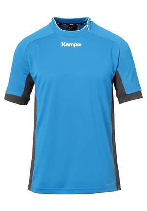 Blauw sport t-shirt met korte mouwen en grijze accenten, gemaakt van een gladde, lichte stof; heeft een ronde hals en een logo op de voorkant.