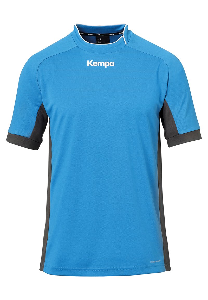 Blå atletisk kortærmet shirt med grå detaljer, lavet af glat, letvægtsstof; har en rund hals og et logo på forsiden.