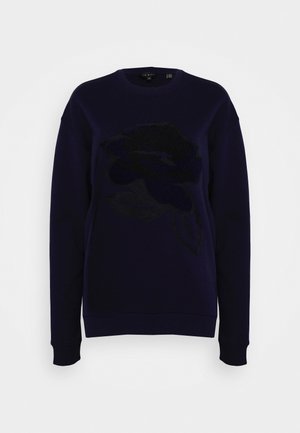 Sweat-shirt bleu marine foncé avec un motif de rose noire texturée sur le devant, encolure ronde, poignets et ourlet côtelés.