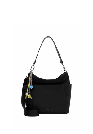 Borsa a tracolla nera con tracolla staccabile, tasca anteriore e perline colorate decorative su un cordoncino attaccato vicino alla maniglia.