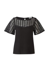 Haut noir avec manches courtes en dentelle à motif floral, un buste uni et un détail en œillet au dos. Tissu doux avec une texture lisse.