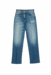 Jeans in denim blu sbiadito a gamba dritta con chiusura frontale a bottone e zip, passanti per cintura e design a cinque tasche.