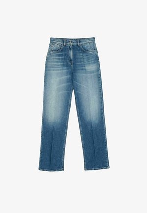 Jeans in denim blu sbiadito a gamba dritta con chiusura frontale a bottone e zip, passanti per cintura e design a cinque tasche.
