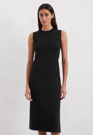Black sleeveless dress with a fitted design, knee-length, made from smooth, stretchy fabric, featuring a high neckline and no visible embellishments.