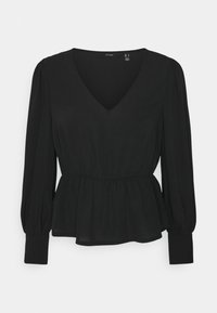 Schwarzes Peplum-Top mit V-Ausschnitt, langen Puffärmeln, gerafftem Taillenbund und glatter Textur. Einfaches Design ohne Muster oder Verzierungen.