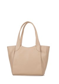 Beige leren tote bag met dubbele handvatten, zachte textuur, afgeronde randen en geen zichtbare hardware of versieringen.