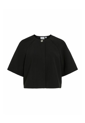 Haut court noir avec des manches larges, présentant un col rond et un bouton décoratif à l'avant. Fabriqué dans un matériau lisse.