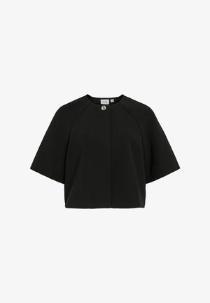 Schwarzes, kurzes Top mit weiten Ärmeln, runder Ausschnitt und einem dekorativen Knopf an der Vorderseite. Hergestellt aus einem glatten Material.