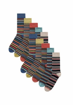 Set of eight cotton socks featuring various striped patterns in colors including blue, red, green, yellow, and beige.