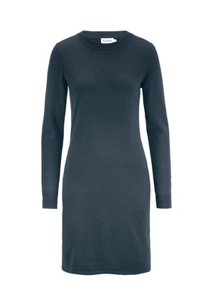 Dunkelgraues Strickkleid aus weichem Material mit rundem Ausschnitt, langen Ärmeln und gerippten Bündchen, entworfen für eine taillierte Silhouette.