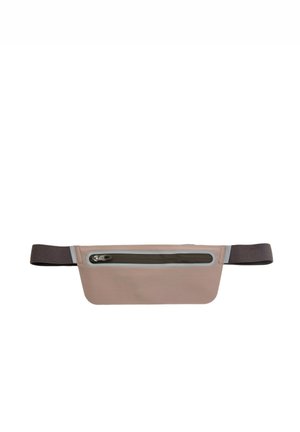 Petite pochette beige avec fermeture éclair noire et sangle sombre réglable, conçue pour un port sans les mains.
