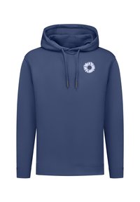 Marineblauwe hoodie van zachte stof, met een rond bloemenlogo op de borst, verstelbare trekkoorden en ribgebreide mouwen en onderkant.