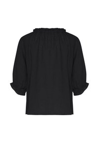 Blusa nera in lino con scollatura a balze, maniche a tre quarti e vestibilità morbida. Tessuto liscio con leggera trasparenza.