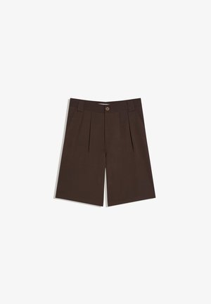 Brown knee-length tailored shorts with side pockets, pleats, a button, and belt loops on a white background.