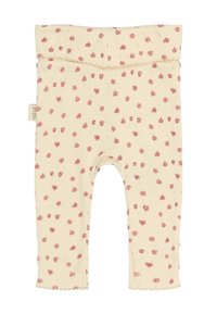 Leggins para bebés color crema con una suave tela texturizada, que presentan un patrón floral rosa y un dobladillo en forma de ondas en los tobillos.