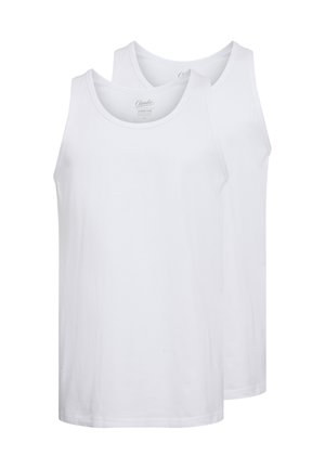 To hvide bomulds tank tops med rund halsudskæring, ærmeløs design og glat tekstur, vist overlappende lidt.