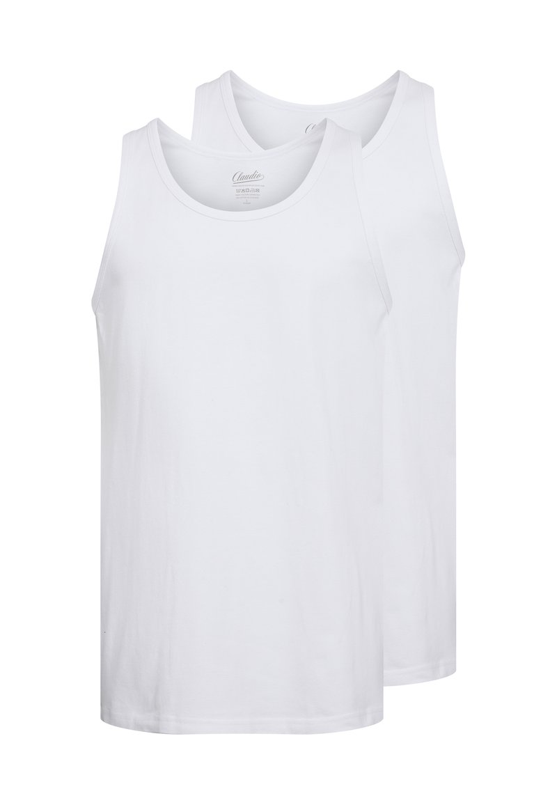To hvide bomulds tank tops med rund halsudskæring, ærmeløs design og glat tekstur, vist overlappende lidt.