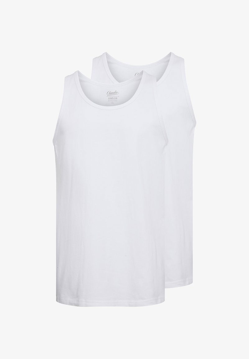 To hvide bomulds tank tops med rund halsudskæring, ærmeløs design og glat tekstur, vist overlappende lidt.