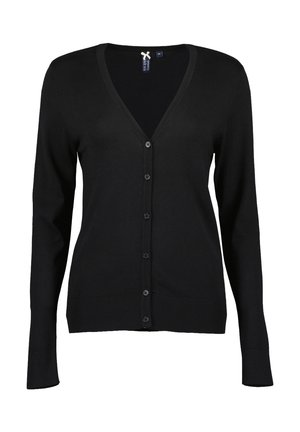 Schwarze V-Ausschnitt-Cardigan mit Knöpfen, langen Ärmeln sowie gerippten Bündchen und Saum, Größe 36, vor weißem Hintergrund dargestellt.
