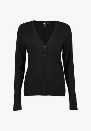 Zwarte V-hals cardigan met knopen, lange mouwen en geribbelde manchetten en zoom, maat 36, weergegeven op een witte achtergrond.